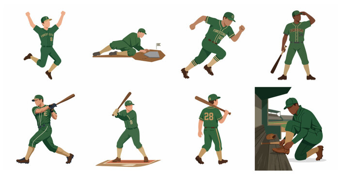 Baseball player character set in various action poses, batting, running, sliding and celebrating in green uniform flat illustration.