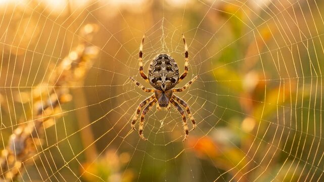 cat faced spider on net close up at golden light in florida everglades usa
