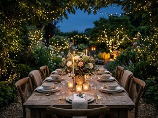 Fototapeta premium charming outdoor dinner Charming outdoor dinner setup with fairy lights. professional commercial visual content high demand creative marketing asset realistic detail modern design concept