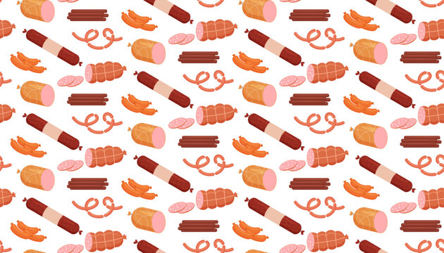 Meat and sausage seamless pattern for butcher shop packaging