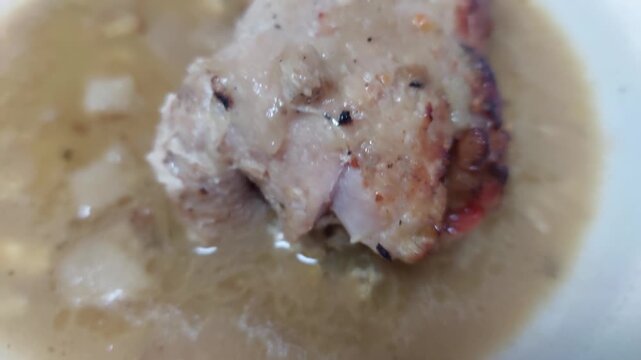 Close-up of cooked meat with thick onion gravy sauce on a plate