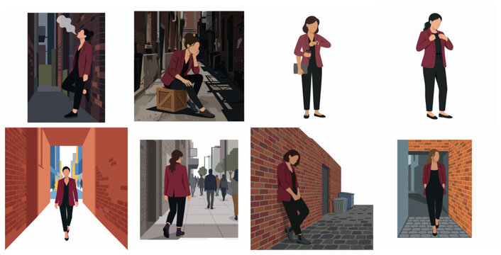 Vector illustration set of a professional woman in a maroon blazer experiencing various urban lifestyle moments from commuting to reflective pauses in city alleys.