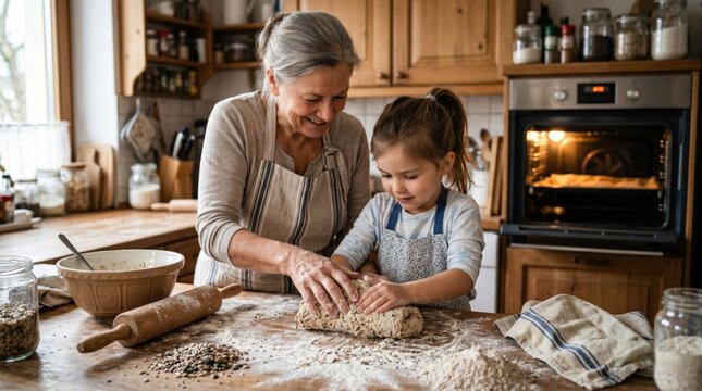 Grandmother teaching grandchild to bake whole grain bread, showing food tradition, family bonding, tactile dough texture, patient learning and warm cross-generational care.