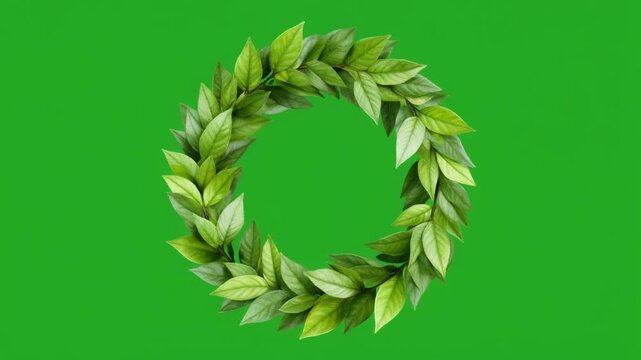 Green leaves growing circular botanical wreath on green screen
