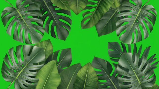 Green leaves growing into a tropical foliage frame on green screen