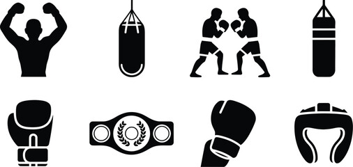 Boxing training icon set, punching bags gloves fighters and protective gear for combat sports facilities © Mr. Kha