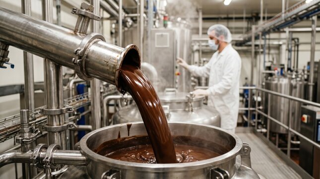 Premium manufacturing close-up featuring molten cocoa flow, hygienic metal surfaces and rich brown texture for chocolate production, food safety and artisanal quality.