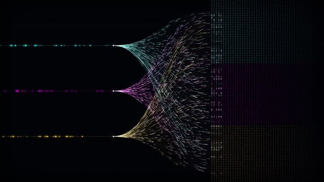 Abstract digital data stream with binary code and flowing light particles