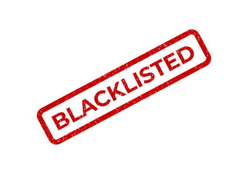 Red rubber stamp impression with the word blacklisted on a document
