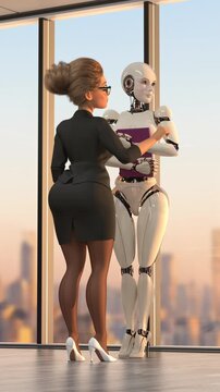 Female Robot Hired in Modern Office, Funny 3D Animation