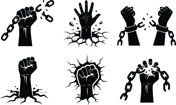 Breaking free silhouette set of hands shattering chains and cracking earth
