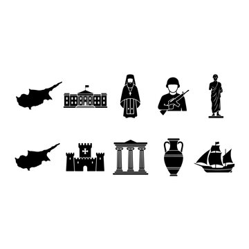 Cyprus tourism concept layout grid featuring cypriot map flag ancient roman columns ruins kyrenia castle amphora vase dhow boat and mouflon wildlife silhouette icons set on white background
