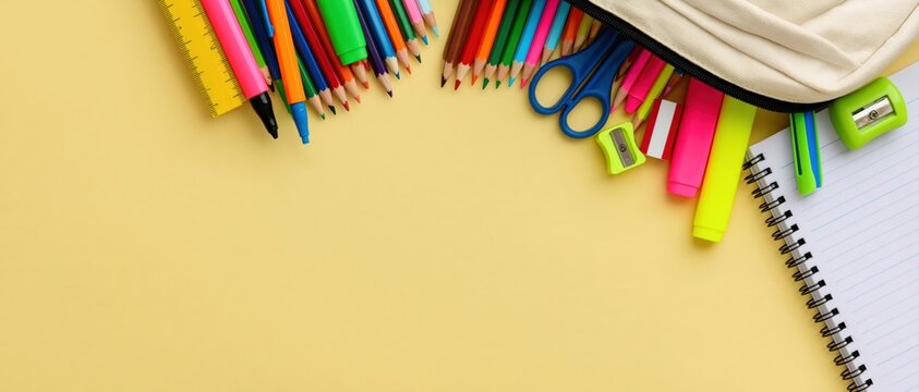 School supplies border with pens pencils markers and notebook on yellow background