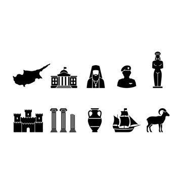 Cyprus travel landmarks and national culture vector icon collection featuring cypriot map flag aphrodite rock paphos castle roman column mouflon dhow boat silhouette isolated on white background