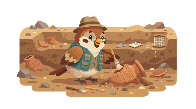 Cartoon Archaeologist Bird Excavating Ancient Pottery
