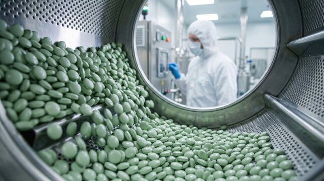 Industrial pharma production image with coated tablets, stainless equipment and clean reflections, focused on consistency, hygiene, precision and regulated manufacturing standards.