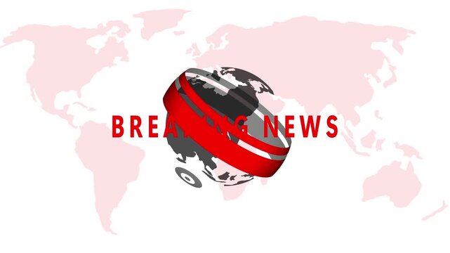 Animated globe with glowing effects used for breaking news broadcast and global media coverage. Breaking news animated globe overlay with world map background for news broadcast or presentation