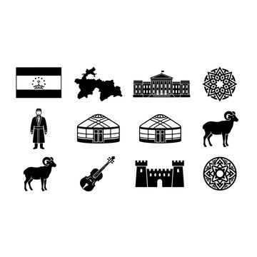 Turkmenistan national cultural heritage icons and landmarks bundle with turkmen map flag asgabat monument akhal teke horse carpet pattern yurt tent vector black silhouette on white background