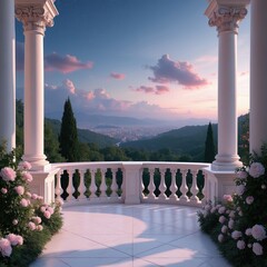Naklejka premium White marble palace balcony offers view of city below hills at sunset. Pink roses bloom on terrace. Elegant architecture with columns and balustrade. Peaceful atmosphere.