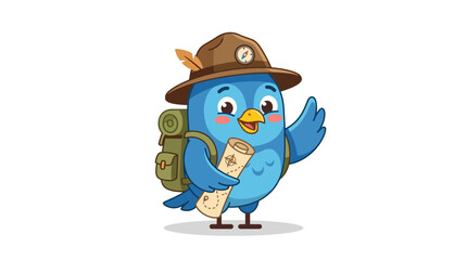 Naklejka premium Cartoon Blue Bird Explorer with Map and Backpack | Adventure Character