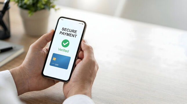 Person holding smartphone with secure online payment confirmation screen and verified transaction badge at a desk