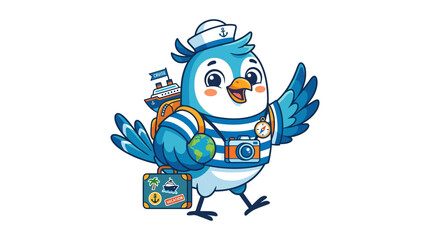 Obraz premium Cartoon sailor bird with suitcase, camera, backpack, and globe on a trip
