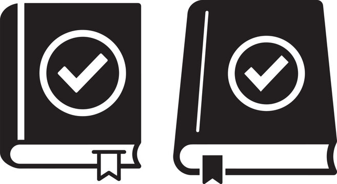 Two black book icons with check mark in circle