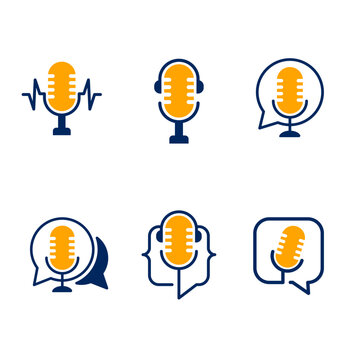 Microphone chat icons, podcast speech. Communication logo set.