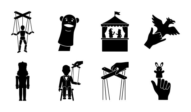 Puppet Show Icons, Vector Set: Marionette, Hand, Finger Puppets, Stage Performance, Entertainment Graphics