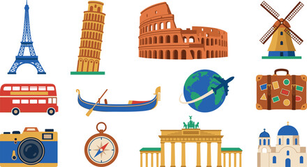 Famous European Landmarks and Travel Icons Vector Set Featuring Eiffel Tower, Colosseum, Pisa, Gondola, and Vacation Symbols for Tourism Designs, © RUBINA