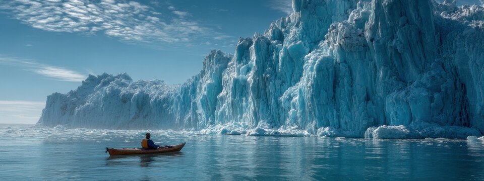 Kayaking near a large glacier in a cold region during daylight under a clear sky