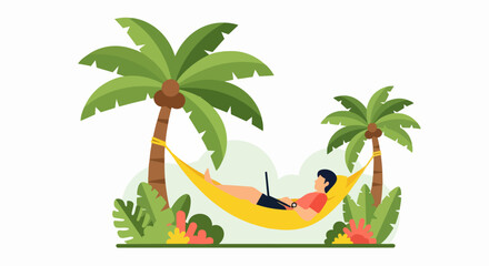 Obraz premium Digital Nomad Working on Laptop in Hammock on Tropical Beach, Remote Work and Freelance Freedom Concept Vector Illustration