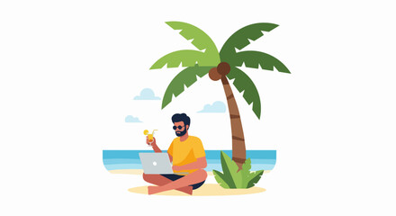 Fototapeta premium Digital Nomad Working on Laptop on Tropical Beach with Palm Tree and Cocktail Flat Vector Illustration