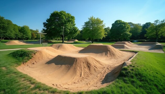 Dirt jump park features sand ramps and berms for BMX biking. Green grass and trees surround the track under a clear blue summer sky. Outdoor recreational space for cycling enthusiasts.