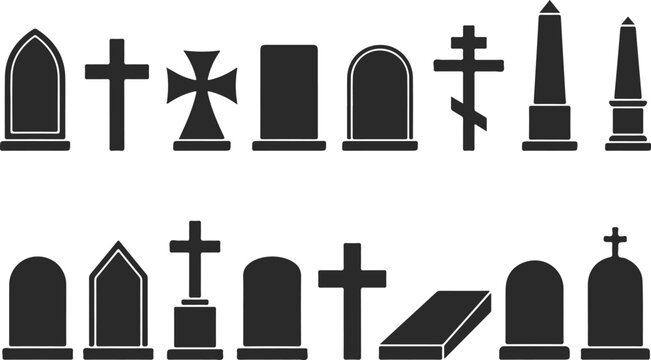 halloween gravestone and cross silhouettes collection vector illustration