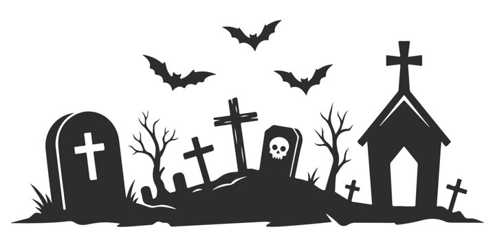 Halloween graveyard silhouette with tombstones, crosses, bats and a church