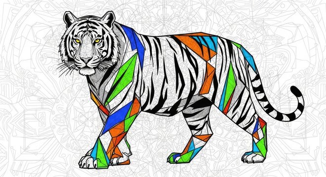 Stylized white tiger illustration with geometric stained glass patterns