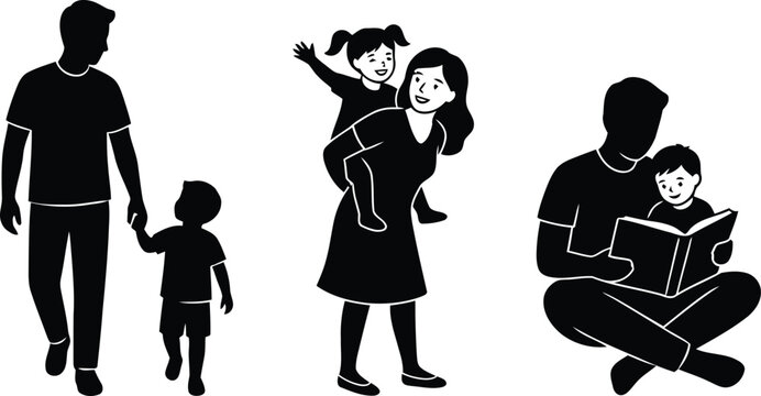 Family silhouette collection walking piggyback and storytime scenes