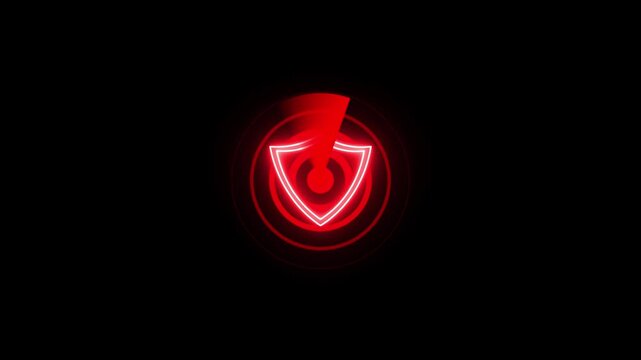 Red Neon Shield Animation Security Technology Target Abstract Background Looping 4 K Ultra HD. Radar Shield Icon Animation with Cybersecurity Defense and Target Scan.