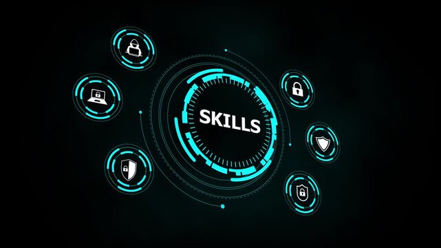 A futuristic digital interface prominently displaying the word &ldquo;Skill,&rdquo; surrounded by cybersecurity icons such as locks, shields, and network symbols, highlighting expertise in digital protection.