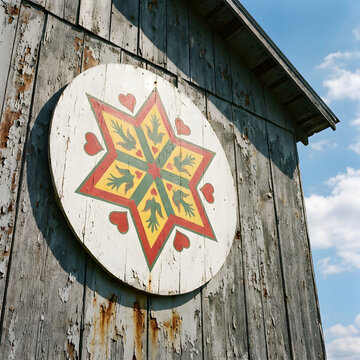 Traditional Pennsylvania Dutch hex sign with a six pointed star and red hearts on a rustic weathered barn wall. Authentic Amish country folk art barn quilt design under a blue sky background.