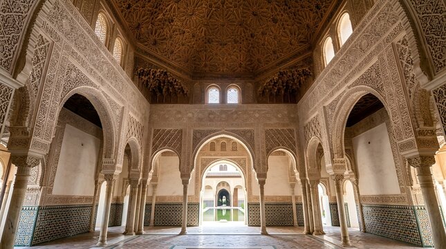Majestic Alcazaba Architecture Interiors, Granada Alhambra Palace, Ornate Arabesques