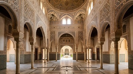 Fototapeta premium Ornate Alhambra palace interior, Moorish architecture, arches, geometric patterns, Granada, Spain