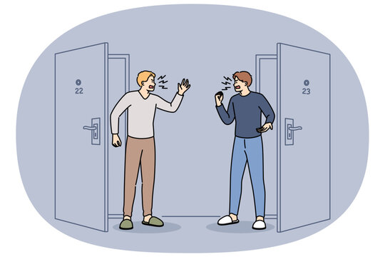 Conflict and cursing of neighbors standing in corridor near door, shouting insults or mutual grievances. Man neighbors stand in hallway of residential building and quarrel over noisy behavior