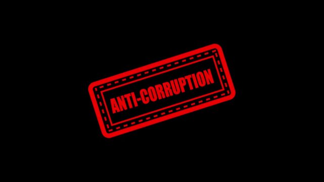 Grunge red anti-corrupter word square rubber seal stamp zoom on black background. Banned poster highlighting anti-corruption efforts.