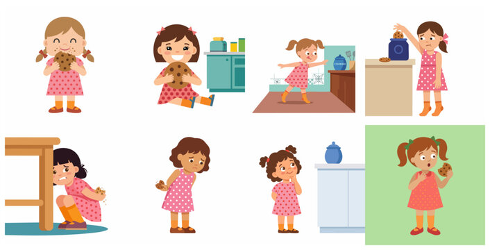 Cute little girl character set with chocolate chip cookies in various poses like eating, sneaking, hiding and feeling guilty illustration.