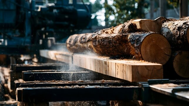 Gritty sturdy sawmill hinery actively cutting logs emphasizing the raw texture and dust particles of the industrial process