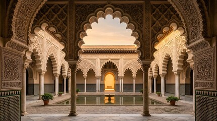 Fototapeta premium Ornate Moorish Courtyard with Arches and Reflecting Pool at Sunset