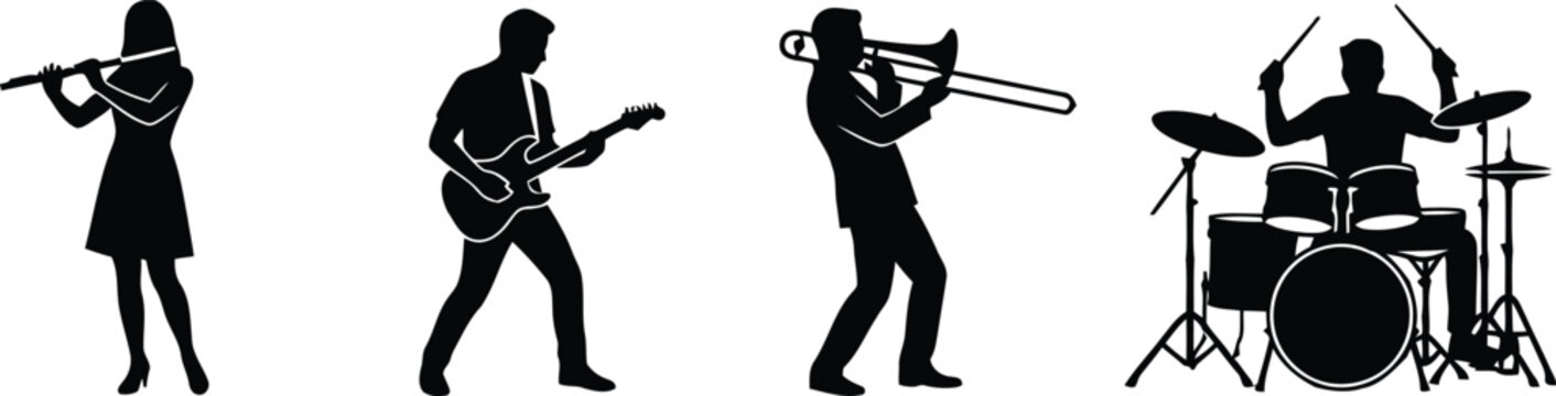 Musical ensemble silhouette flute guitar trombone and drum kit