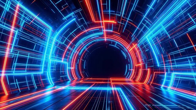 Neon light tunnel with blue and red lines